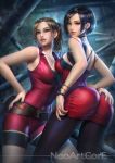  2girls ada_wong armpits ass belt black_hair blue_eyes breasts brown_eyes brown_hair choker claire_redfield earrings hand_on_ass jewelry lips long_hair looking_at_viewer looking_back medium_breasts multiple_girls necklace nudtawut_thongmai pantyhose ponytail resident_evil resident_evil_2 short_hair short_shorts shorts smile watch 