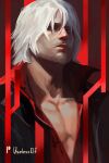  1boy bara beard blue_eyes coat dante_(devil_may_cry) devil_may_cry_(series) devil_may_cry_4 devil_may_cry_5 facial_hair lips looking_at_viewer male_focus mature_male muscular muscular_male nose photorealistic realistic red_coat solo still_life useless_elf white_hair 