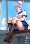  1girl absurdres black_pantyhose blue_eyes blue_hair blue_sailor_collar blue_skirt blurry blurry_background blush clothes_pull commentary_request commission desk fanteam feet from_below haiyi highres knees_up legs legs_up light_blue_hair looking_at_viewer necktie on_desk pantyhose pantyhose_pull pink_necktie pleated_skirt sailor_collar school_desk school_uniform sitting skirt smile soles solo synthesizer_v thank_you thighs toes undressing vocaloid 