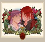  1boy 1girl 2girls 5altybitter5 border earrings green_eyes highres jewelry medium_hair multiple_girls original ornate_border purple_hair red_hair rikkon_berchtes risian_carter smile stud_earrings 