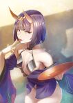  1girl bangs bare_shoulders breasts cleavage collarbone cowboy_shot cup fate/grand_order fate_(series) holding horns oni_horns purple_eyes purple_hair revealing_clothes sakazuki saliva saliva_trail shiny shiny_hair short_hair shuten_douji_(fate) small_breasts solo standing tongue tongue_out yamakou_(yamakou_e2) 