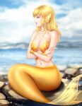  1girl artist_name bangs blonde_hair blurry blurry_background breasts closed_eyes cloud cloudy_sky commission crossed_arms gigamessy head_fins long_hair mermaid monster_girl monsterification navel ningyo_numa open_mouth outdoors rock scales sitting sky solo teeth watermark yamazaki_rin 