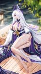  1girl absurdres azur_lane barefoot breasts cup floral_print_kimono hair_over_one_eye highres holding holding_cup huge_breasts japanese_clothes kimono long_hair long_sleeves looking_at_viewer lying multicolored_hair on_side panties parted_lips purple_eyes purple_hair purple_kimono purple_nails sakuramon solo streaked_hair thigh_strap thighs toes two-tone_kimono underwear unzen_(azur_lane) very_long_hair white_hair white_kimono white_panties wide_sleeves wjy1347193 