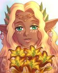 1girl artist_name asma_art blonde_hair bouquet commentary earrings english_commentary facial_mark flower highres jewelry long_hair parted_lips pointy_ears solo sonia_(zelda) the_legend_of_zelda the_legend_of_zelda:_tears_of_the_kingdom toned_female 