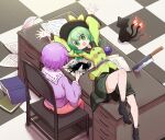  2girls black_cat black_hat book buttons cat chair commentary desk diamond_button eyeball fire frilled_shirt_collar frilled_sleeves frills futa_(nabezoko) green_eyes green_hair green_skirt hairband hat holding holding_quill ink kaenbyou_rin kaenbyou_rin_(cat) knife komeiji_koishi komeiji_satori long_sleeves lying multiple_girls multiple_tails on_back on_chair on_desk open_book open_mouth paper pink_skirt purple_hair purple_shirt quill ribbon-trimmed_collar ribbon_trim shirt short_hair siblings sisters sitting skirt smile spill tail third_eye touhou two_tails wide_sleeves yellow_shirt 