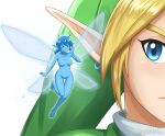  &gt;_&lt; 1boy 1girl blonde_hair blue_eyes blue_hair blue_skin breasts canadiananiguy colored_skin earrings fairy fairy_wings floating green_hat green_tunic hat highres jewelry link mini_person minigirl navel navi no_nipples nude open_mouth personification pointy_ears stomach the_legend_of_zelda the_legend_of_zelda:_ocarina_of_time thigh_gap wings 