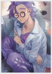  1boy arcanine black-framed_eyewear book border closed_eyes coat collarbone commentary_request couch glasses highres jacq_(pokemon) kikuyoshi_(tracco) long_sleeves male_focus open_clothes open_coat open_mouth pants pokemon pokemon_(creature) pokemon_sv purple_hair purple_pants purple_shirt shirt short_hair signature sitting sleeping white_border 