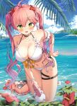  1girl :d absurdres ama_rei bare_shoulders bikini breasts cleavage day flower green_eyes halterneck hand_on_hip highres hololive large_breasts long_hair looking_at_viewer ocean outdoors pink_hair sakura_miko smile solo swimsuit thighs twintails virtual_youtuber wading wet white_bikini 