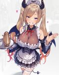  1girl apron bare_shoulders black_dress black_sleeves blonde_hair blue_eyes blush breasts cleavage cup demon_girl demon_horns demon_tail demon_wings detached_sleeves dress frilled_dress frilled_skirt frilled_sleeves frills from_above garter_straps grin hand_up headdress heart highres hololive horns large_breasts long_hair long_sleeves looking_at_viewer maid maid_apron maid_headdress maro2ki3 neck_ribbon official_alternate_costume open_hand open_mouth pointy_ears ribbon see-through see-through_cleavage skirt smile solo swept_bangs tail teapot thighhighs thighs tray twintails virtual_youtuber white_apron white_thighhighs wing_collar wings yuzuki_choco yuzuki_choco_(maid) 