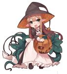  1girl aria_(fuurin) blonde_hair boots elf food fuurin_(tukimitake) green_eyes hat holding holding_food holding_pumpkin holding_vegetable jack-o&#039;-lantern long_hair maid open_mouth original plant pointy_ears pumpkin vegetable very_long_hair vines white_background witch_hat 