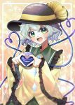  1girl :d a_c_bb black_hat blush buttons colored_eyelashes commentary_request diamond_button eyelashes frilled_shirt_collar frilled_sleeves frills green_hair hair_between_eyes hands_up happy hat hat_ribbon heart heart_hands heart_hands_over_eye heart_of_string highres koishi_day komeiji_koishi light_particles long_sleeves looking_at_viewer open_mouth ribbon short_hair simple_background smile solo tareme third_eye touhou upper_body wavy_hair wide_sleeves yellow_ribbon 