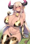  1girl absurdres animal_ears animal_print arm_support bell bikini blonde_hair blush breasts cleavage commentary_request cow_ears cow_horns cow_print cow_print_bikini cow_print_gloves cow_print_thighhighs cow_tail cowbell crossed_bangs curvy ear_tag elbow_gloves gloves gold_bikini gold_gloves gold_thighhighs gradient_background grass highres horns huge_breasts kubiwa_(kutan) kutan long_hair looking_at_viewer navel original parted_lips print_bikini print_gloves print_thighhighs red_eyes sitting solo swimsuit tail tan thighhighs very_long_hair white_background 