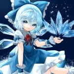  1girl :3 arm_support blue_background blue_bow blue_dress blue_eyes blue_hair bow cirno collared_shirt cryokinesis dot_nose double-parted_bangs dress feet_out_of_frame flat_chest frilled_dress frilled_socks frills hair_bow head_tilt highres ice ice_shard ice_wings knees_together_feet_apart light_blue_hair looking_at_viewer medium_hair mikan_(manmarumikan) neck_ribbon puffy_short_sleeves puffy_sleeves red_ribbon ribbon shirt short_sleeves sitting sleeve_bow socks solo sparkle touhou white_shirt white_socks wings wrist_cuffs 