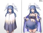  1girl absurdres blue_eyes breasts cleavage cloak closed_mouth covered_navel detached_sleeves dress gradient_background grey_background head_wings highres jarckius large_breasts long_hair melia_antiqua nervous open_cloak open_clothes original pregnant short_dress smile taut_clothes white_background wings xenoblade_chronicles_(series) xenoblade_chronicles_3 
