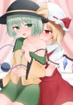  2girls absurdres armpit_crease arms_around_waist bite_mark bite_mark_on_breast bite_mark_on_shoulder black_hat blonde_hair blood blush bow breasts buttons clenched_hand collarbone commentary_request commission cowboy_shot crystal curtains dakuazu diamond_button flandre_scarlet frilled_shirt_collar frilled_sleeves frills green_eyes green_hair green_skirt hand_up hat hat_bow highres hug hug_from_behind indoors komeiji_koishi long_sleeves medium_hair mob_cap multiple_girls on_bed open_mouth pixiv_commission puffy_short_sleeves puffy_sleeves red_bow red_eyes red_skirt red_vest shirt short_sleeves single_bare_shoulder skirt slit_pupils small_breasts straight_hair strap_slip third_eye touhou tsurime vampire vest white_hat white_shirt wide_sleeves wings yellow_bow yellow_shirt yuri 