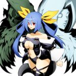  1girl absurdres angel_wings asymmetrical_wings bangs bare_shoulders belt black_choker black_panties black_thighhighs blue_hair breasts center_opening choker collarbone cropped_legs detached_sleeves dizzy_(guilty_gear) guilty_gear guilty_gear_x guilty_gear_xx hair_between_eyes hair_rings highres large_breasts long_hair long_sleeves looking_at_viewer midriff monster_girl navel necro_(guilty_gear) open_mouth panties parted_lips piko_(osso) puffy_long_sleeves puffy_sleeves red_eyes simple_background skull solo stomach tail thigh_strap thighhighs thighs twintails underwear undine_(guilty_gear) white_background wings 