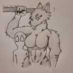  absurd_res anthro breasts canid canine canis claws duo female hi_res human larger_female looking_down male male/female mammal midriff muscular muscular_female scar size_difference skinny_male smaller_male strong_female swuang wolf worried 