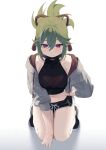  1girl bare_shoulders black_shorts blush breasts casual fishnets genshin_impact green_hair highres hood hoodie kneeling kuki_shinobu looking_at_viewer mask_pull midriff navel ponytail purple_eyes short_shorts shorts solo sweatdrop syhan thighs 