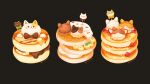  banana banana_slice brown_background chocolate_syrup cookie_cat food food_focus fruit highres no_humans original pancake pancake_stack rizu_(rizunm) simple_background strawberry syrup 
