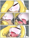  anthro blonde_hair blush bodily_fluids brother_(lore) brother_and_sister_(lore) comic duo english_text female hair human ilica incest_(lore) kissing lagomorph leporid licking male male/female mammal rabbit red_eyes saliva sibling_(lore) sister_(lore) sucking text tongue tongue_out tosun 