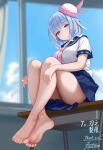  1girl absurdres bare_legs barefoot blue_eyes blue_hair blue_sailor_collar blue_skirt blurry blurry_background blush clothes_pull commentary_request commission desk fanteam feet from_below haiyi highres knees_up legs legs_up light_blue_hair looking_at_viewer necktie on_desk pink_necktie pleated_skirt sailor_collar school_desk school_uniform sitting skirt smile soles solo synthesizer_v thank_you thighs toes undressing vocaloid 