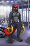  absurd_res anthro bulge canid canine canis clothing digital_media_(artwork) fur fury_(furythewolf) grey_body grey_fur hair hi_res kinsheph looking_at_viewer male mammal red_body red_fur simple_background solo tail wolf 