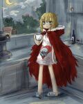  1girl absurdres black_souls blonde_hair blue_eyes cape commentary grimm_(black_souls) hei_jiao_tian_kong highres hood hooded_cape moon oversized_clothes oversized_shirt red_cape red_hood_(black_souls) shirt slippers 