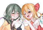  2girls ;d ^_^ ascot blonde_hair closed_eyes commentary_request crystal_wings flandre_scarlet green_hair grin hair_ribbon happy heart heart_hands heart_hands_duo highres komeiji_koishi light_blush medium_hair miya_(user_zsjh8384) multiple_girls one_eye_closed open_mouth puffy_sleeves red_ribbon ribbon simple_background smile touhou upper_body white_background yellow_ascot 