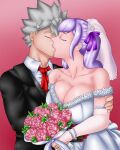  1boy 1girl artist_request asta_(black_clover) black_clover breasts cleavage closed_eyes couple dress flower hair_ribbon holding holding_another&#039;s_arm holding_flower holding_waist jewelry kiss large_breasts necktie noelle_silva non-web_source ribbon ring source_request suit twintails wedding wedding_dress wedding_ring 