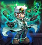  alternate_costume alternate_eye_color alternate_hair_color angry armor aura belt black_gloves blue_gemstone brown_footwear coat corruption crescent dark_persona doctor dr._mario dr._mario_(game) facial_hair fierce_deity frown gem gloves glowing highres lab_coat long_sleeves looking_at_viewer mario mario_(series) mustache pants pill possessed shoes short_hair standing stethoscope stoic_seraphim super_smash_bros. the_legend_of_zelda the_legend_of_zelda:_majora&#039;s_mask triangle white_hair 
