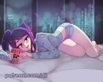  1girl bare_legs barefoot blue_shirt blush can commentary dolphin_shorts english_commentary full_body holding holding_can indoors jill_stingray long_sleeves looking_at_viewer lying night on_bed on_side pajamas patreon_username print_shirt purple_eyes purple_hair rtil shirt shorts solo star_(symbol) star_print va-11_hall-a window 