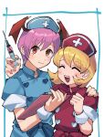  2girls arm_around_shoulder blonde_hair blush bulleta clipboard closed_eyes closed_mouth commentary_request dress hair_between_eyes hat head_wings holding holding_clipboard holding_needle lilith_aensland looking_at_viewer multiple_girls needle nurse nurse_cap open_mouth oushiza_towel purple_hair red_eyes short_hair short_sleeves simple_background smile upper_body vampire_(game) white_background wings 