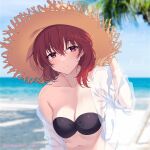  1girl awayuki_ramika beach bikini black_bikini blue_sky blurry blurry_background breasts cleavage collarbone fire_emblem fire_emblem:_mystery_of_the_emblem fire_emblem:_shadow_dragon_and_the_blade_of_light hand_on_headwear hand_up hat large_breasts lena_(fire_emblem) long_sleeves looking_at_viewer medium_hair navel ocean off-shoulder_shirt off_shoulder outdoors palm_tree red_eyes red_hair see-through see-through_shirt shirt single_bare_shoulder sky smile solo strapless strapless_bikini straw_hat sun_hat swimsuit tree twitter_username upper_body 