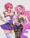  06svi 2girls absurdres asymmetrical_hair blue_eyes breasts cleavage cosplay costume_switch eyebrow_cut eyeshadow facial_tattoo gloves goggles goggles_on_head highres league_of_legends leaning_on_person long_hair makeup multiple_girls neck_tattoo piercing pink_hair seraphine_(league_of_legends) short_hair tattoo vi_(league_of_legends) 