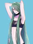  1girl aqua_background armpits arms_behind_head breasts bright_pupils collarbone commentary_request hair_down hair_over_one_eye highres kana_(kanna_runa0620) long_hair navel parted_lips pokemon pokemon_sv rika_(pokemon) sports_bra underboob very_long_hair wet white_pupils 