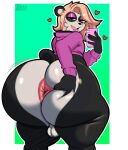  anthro anus balls bear biped blonde_hair bottomless butt cellphone clothed clothing electronics eyelashes femboy genitals giant_panda hair heart_symbol hi_res holding_cellphone holding_object holding_phone inuzu looking_at_viewer looking_back male mammal phone pupils smile spread_butt spreading 
