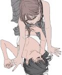  2girls black_bra black_hair bra breasts brown_hair closed_eyes closed_mouth commentary_request girl_on_top grey_skirt highres kamatama_rom long_hair lying medium_breasts mole mole_on_breast multiple_girls no_shirt on_back original simple_background skirt underwear white_background white_bra 