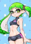  1girl :&lt; bare_arms bare_shoulders bike_shorts black_shorts blue_pupils closed_mouth cowboy_shot freckles gradient_eyes green_eyes green_hair groin highres inkling inkling_girl inkling_player_character koharu2.5 light_blue_background long_hair multicolored_eyes navel one_side_up pink_eyes pointy_ears short_eyebrows shorts solo splatoon_(series) suction_cups tentacle_hair yellow_eyes 