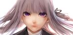  1girl black_jacket black_ribbon blush braid danganronpa:_trigger_happy_havoc danganronpa_(series) grey_hair hair_ribbon jacket kirigiri_kyoko ko_komaru long_hair looking_at_viewer open_mouth pink_eyes portrait ribbon shiny_skin shirt side_braid simple_background smile solo white_background white_shirt 