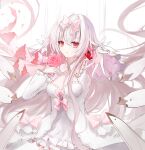  absurdres breasts bug butterfly copyright_request dress flower hair_ribbon highres hikari_(arcaea) hikari_(fatalis)_(arcaea) looking_at_viewer non-web_source open_mouth pink_flower pink_ribbon pink_rose red_butterfly red_eyes ribbon rose simple_background white_background white_dress white_hair 