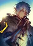  1boy 5altybitter5 backlighting blue_eyes closed_mouth gloves grey_hair grey_jacket highres jacket looking_down lord_of_heroes male_focus mikhail_blake mole mole_above_eye mole_under_eye open_clothes open_jacket partially_fingerless_gloves pointy_ears solo upper_body 