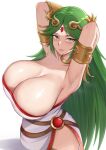  1girl armlet armpits arms_behind_head blush breasts cleavage curvy dress forehead_jewel green_eyes green_hair highres huge_breasts kid_icarus long_hair looking_at_viewer palutena simple_background sleeptopi solo sweat white_background 