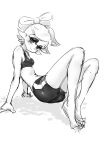  1girl all_fours bare_arms bare_legs bare_shoulders barefoot bike_shorts bow-shaped_hair breasts cleavage cross-shaped_pupils greyscale highres inkling koharu2.5 marie_(splatoon) mole mole_under_eye monochrome pointy_ears short_hair sketch small_breasts solo splatoon_(series) sports_bra symbol-shaped_pupils tentacle_hair 