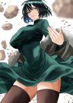  1girl breasts brown_thighhighs commentary dress fubuki_(one-punch_man) green_dress green_eyes green_hair highres kawabata_yoshihiro large_breasts long_sleeves looking_at_viewer one-punch_man parted_lips short_hair smile thighhighs thighs white_background 