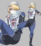  1girl armor black_bodysuit blonde_hair blue_bodysuit bodysuit covered_mouth covered_navel grey_background hair_over_one_eye highres ilo_a5 multiple_views red_eyes scarf sheik shoulder_armor simple_background sitting standing standing_on_one_leg the_legend_of_zelda the_legend_of_zelda:_ocarina_of_time two-tone_bodysuit white_scarf 