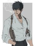  1boy 51amimn black_eyes black_hair black_pants cigarette collared_shirt cross cross_necklace facial_hair gun hand_in_pocket handgun highres holster jewelry male_focus necklace nicholas_d._wolfwood pants pectoral_cleavage pectorals shirt shoulder_holster simple_background smoke smoking solo stubble trigun two-tone_background weapon white_shirt 