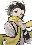  1boy a_d_chi black_hair blue_eyes covered_mouth hair_slicked_back hand_up highres looking_up male_focus mochizuki_ryouji mole mole_under_eye persona persona_3 scarf shirt short_hair sideways_glance signature simple_background solo spiked_hair upper_body white_background white_shirt yellow_scarf 