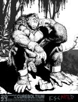  1_horn 2023 5_fingers 5_toes anthro ape balls biped chastity_cage chastity_device cuff_(restraint) cureboltium detailed_background english_text feet fingernails fingers fur genitals gorilla hand_on_own_face haplorhine hi_res holding_key holding_object horn key looking_at_viewer male mammal monochrome muscular muscular_anthro muscular_male nails open_mouth outside penis plant primate restraints sitting sitting_on_ground smoke solo teeth text toenails toes tree url 