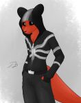 anthro black_bottomwear black_clothing black_hoodie black_pants black_sclera black_topwear bottomwear clothed clothing digital_media_(artwork) fully_clothed furgonomic_headwear furgonomic_hood furgonomics glorydust hands_in_both_pockets hi_res hood hoodie hunter_(rain_world) long_tail looking_at_viewer male pants pattern_clothing pattern_hoodie pattern_topwear portrait rain_world red_body signature slugcat snout solo standing tail three-quarter_portrait three-quarter_view topwear videocult