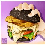  1other artist_logo bread burger cheese chicken_(food) food food_focus highres holding holding_food lettuce no_humans original sauce tomato yuki00yo 